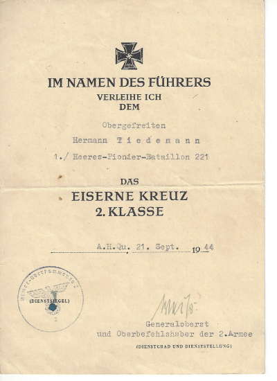 Ww2 Wehrmacht Certificate Iron Cross 2nd Class